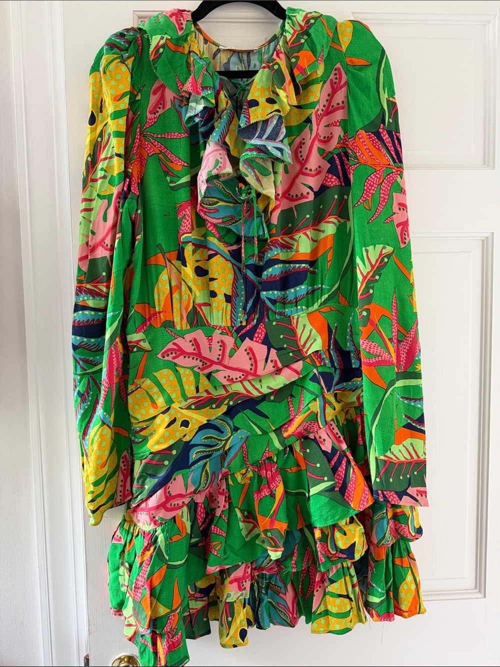 K A R L I E Vibrant Tropical Ruffle Mini Dress - Green, Pink, Yellow